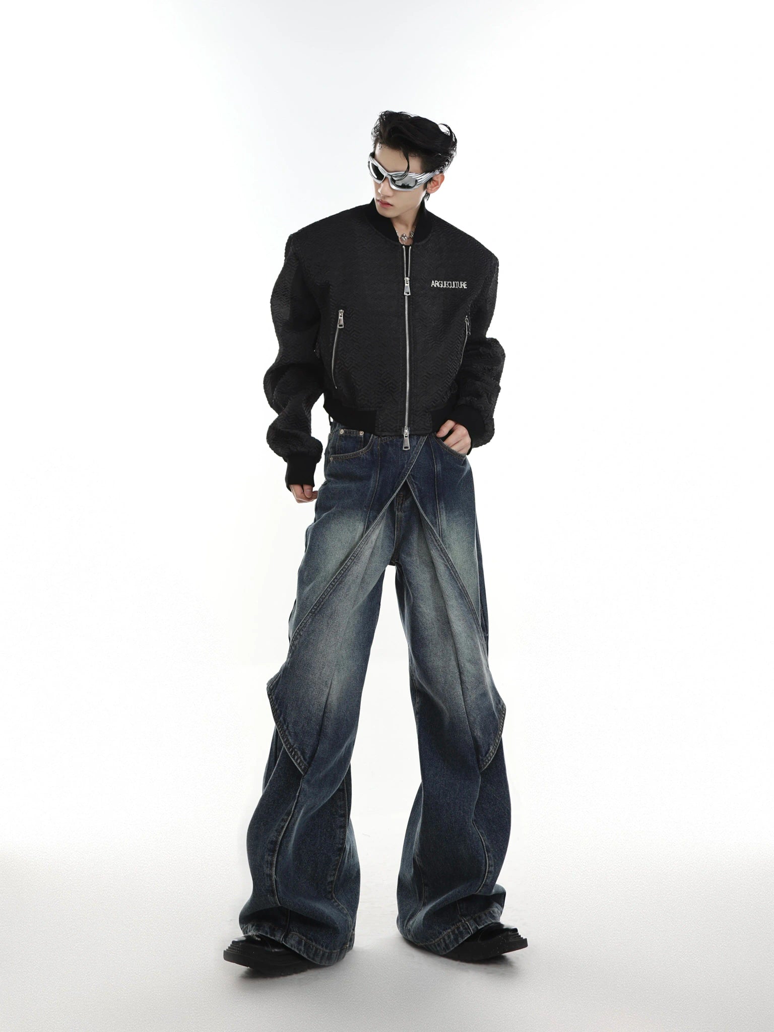 Washed Deconstructed Flared Jeans | Dual-Waist Denim - main image 5