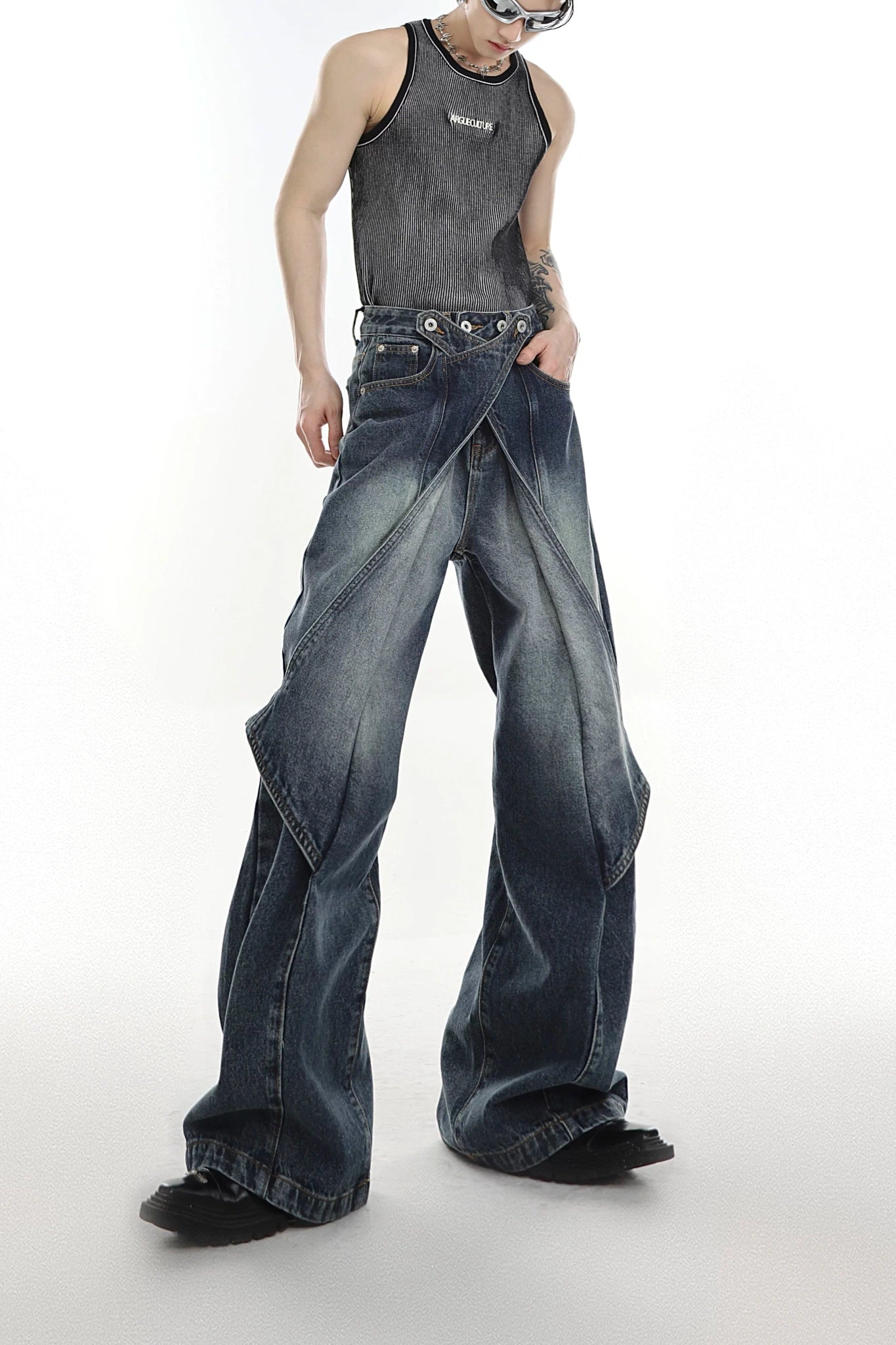 Washed Deconstructed Flared Jeans | Dual-Waist Denim - Blue