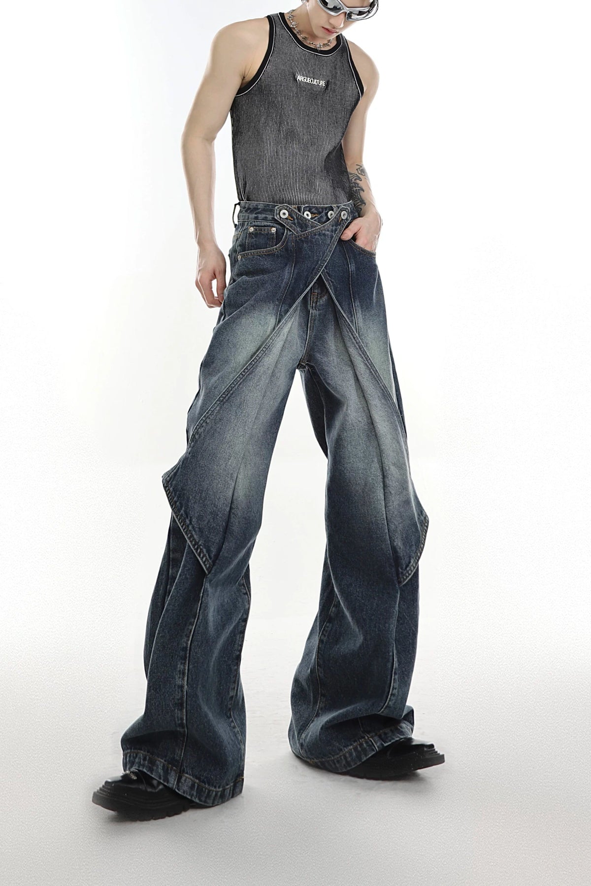 Washed Deconstructed Flared Jeans | Dual-Waist Denim - Blue