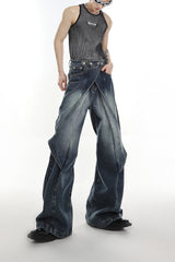 Washed Deconstructed Flared Jeans | Dual-Waist Denim - Blue