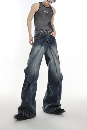 Washed Deconstructed Flared Jeans | Dual-Waist Denim - Blue
