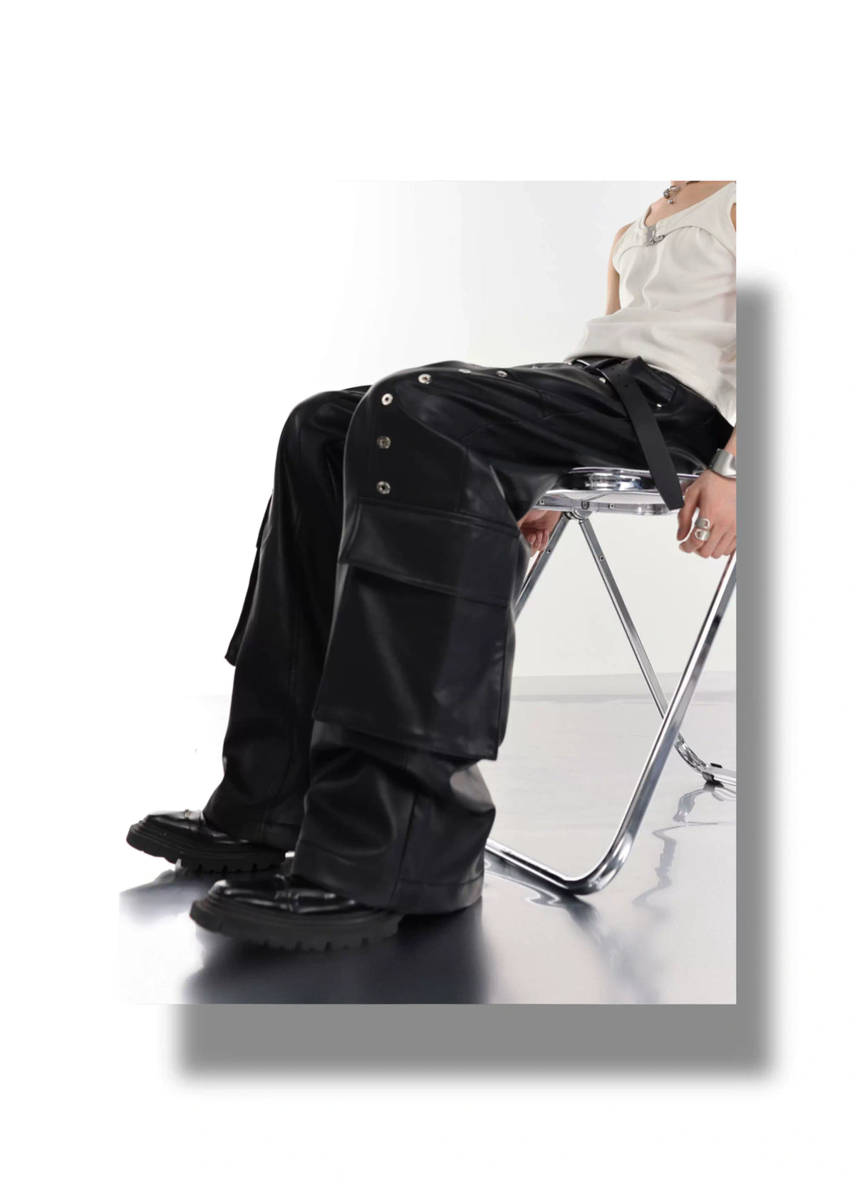 Metal-Trim Utility PU Pants | Black Streetwear Trousers - description image 1