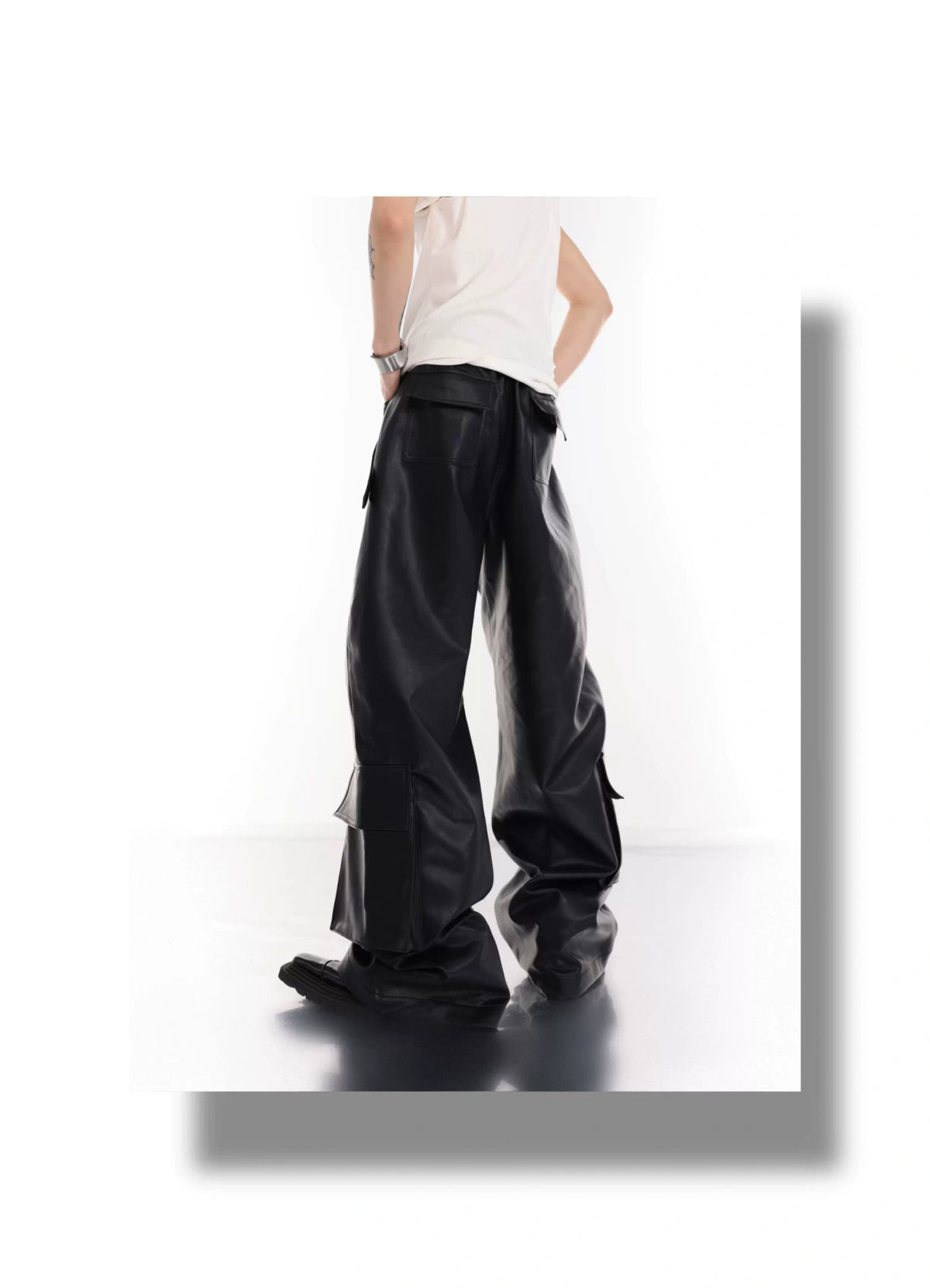 Metal-Trim Utility PU Pants | Black Streetwear Trousers - description image 2