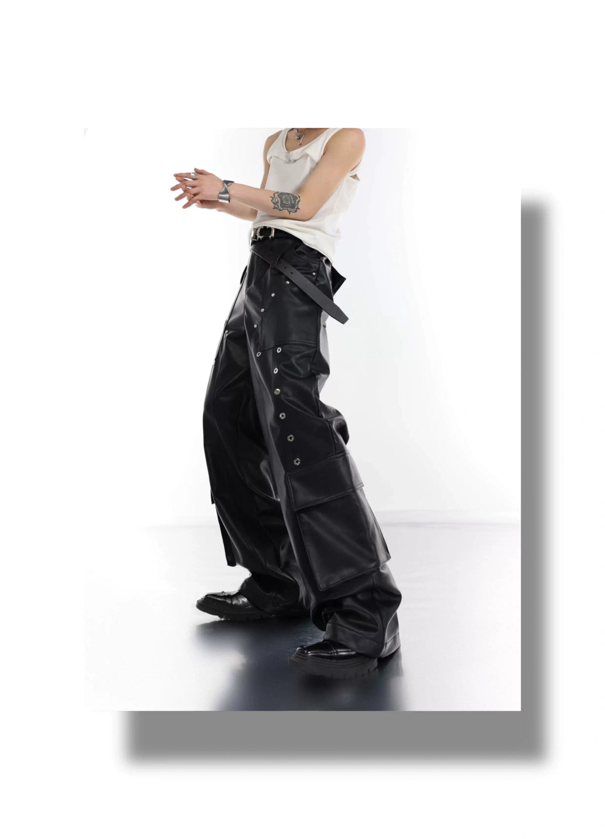 Metal-Trim Utility PU Pants | Black Streetwear Trousers - description image 3