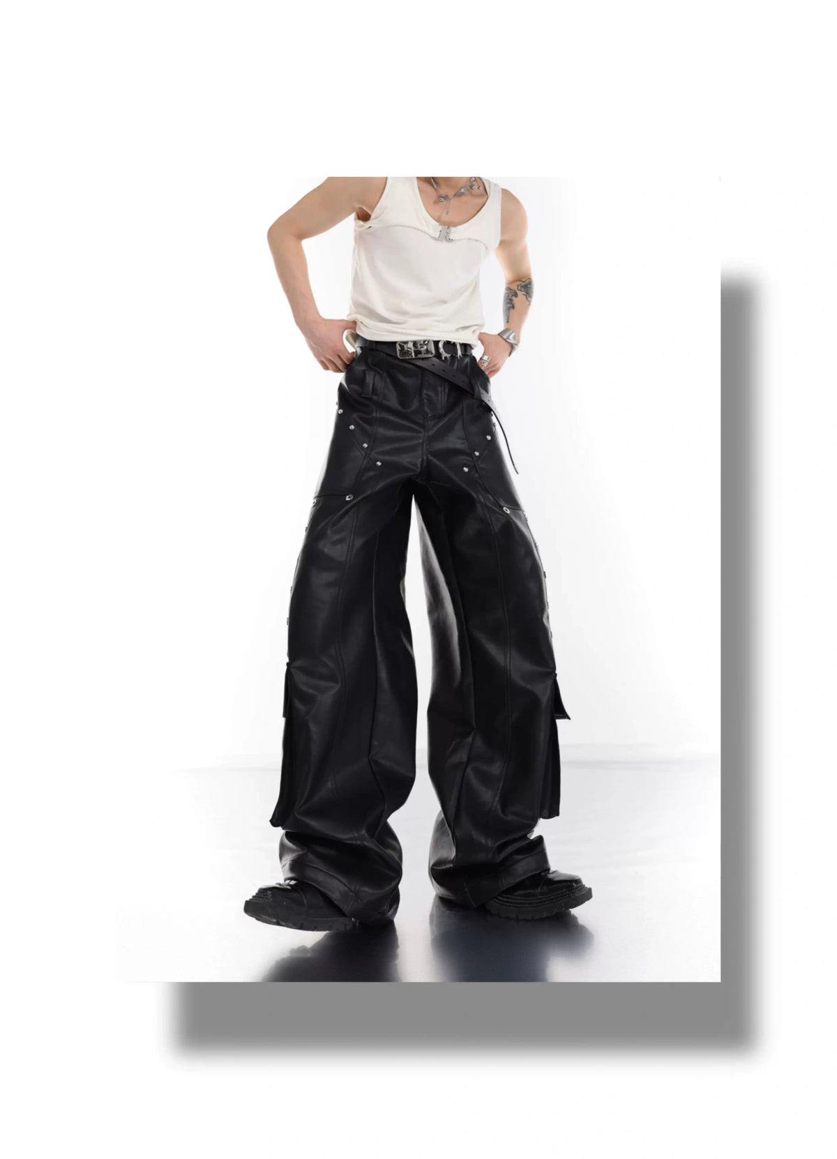 Metal-Trim Utility PU Pants | Black Streetwear Trousers - description image 4