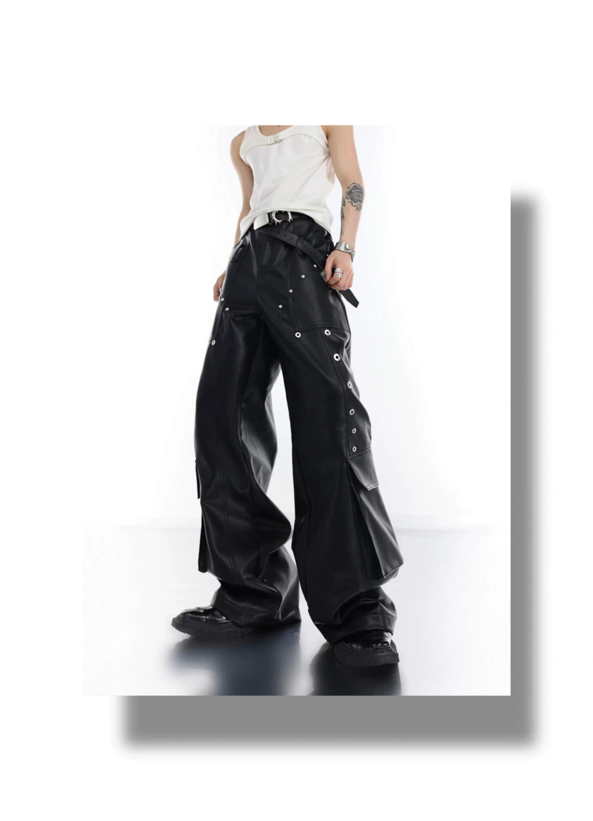 Metal-Trim Utility PU Pants | Black Streetwear Trousers - description image 5