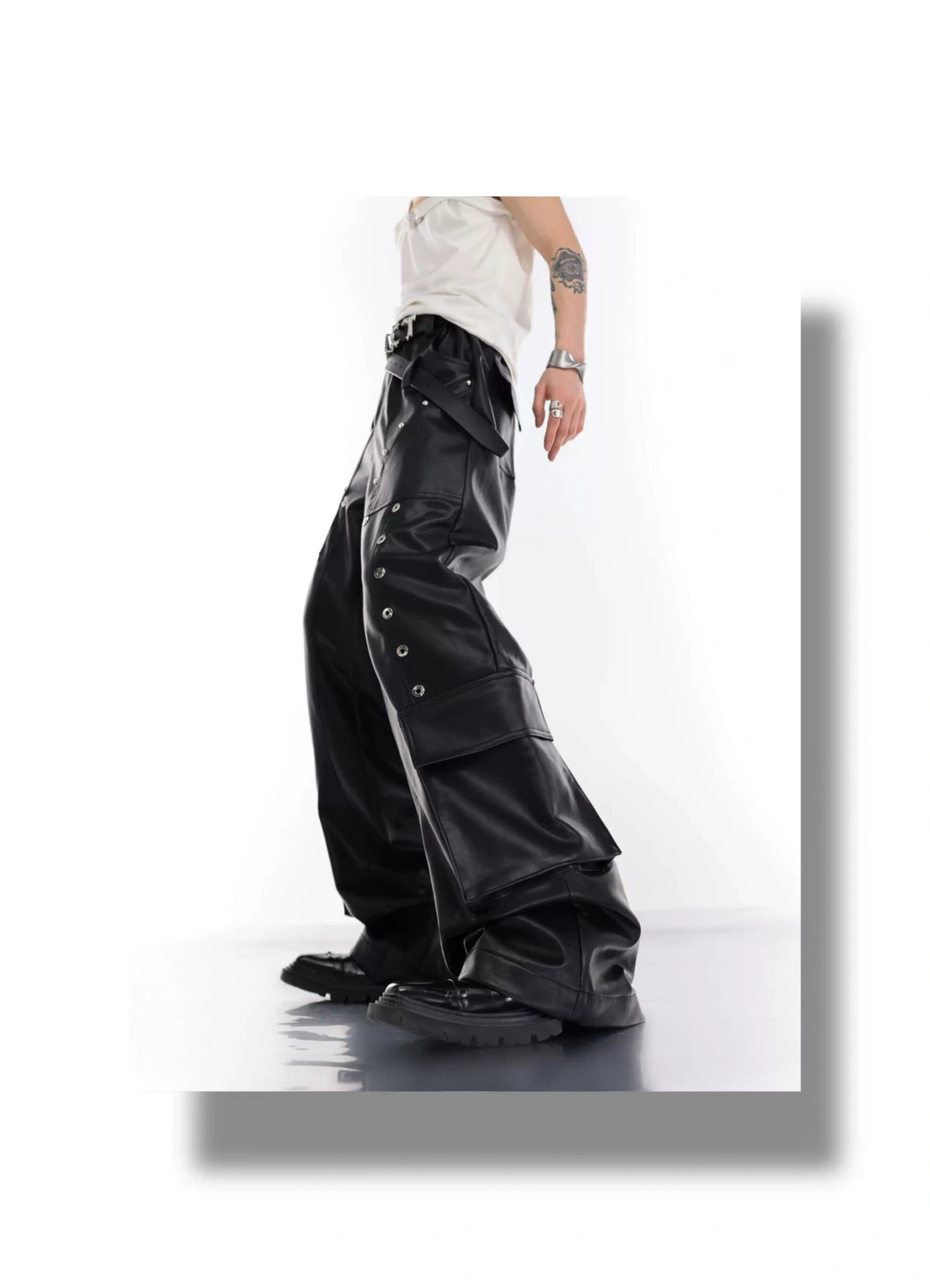 Metal-Trim Utility PU Pants | Black Streetwear Trousers - description image 6