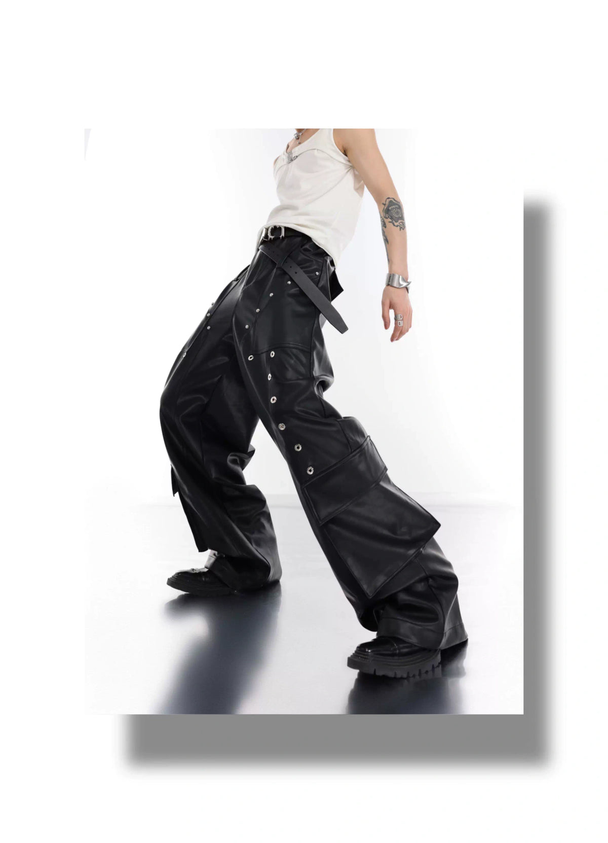 Metal-Trim Utility PU Pants | Black Streetwear Trousers - description image 7