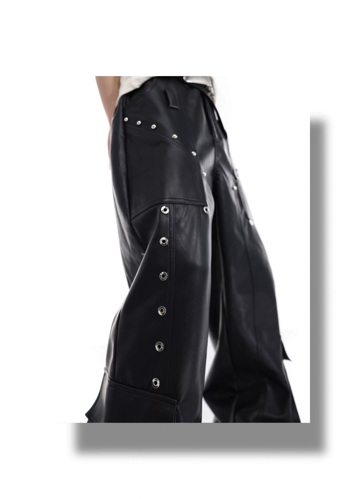 Metal-Trim Utility PU Pants | Black Streetwear Trousers - description image 8