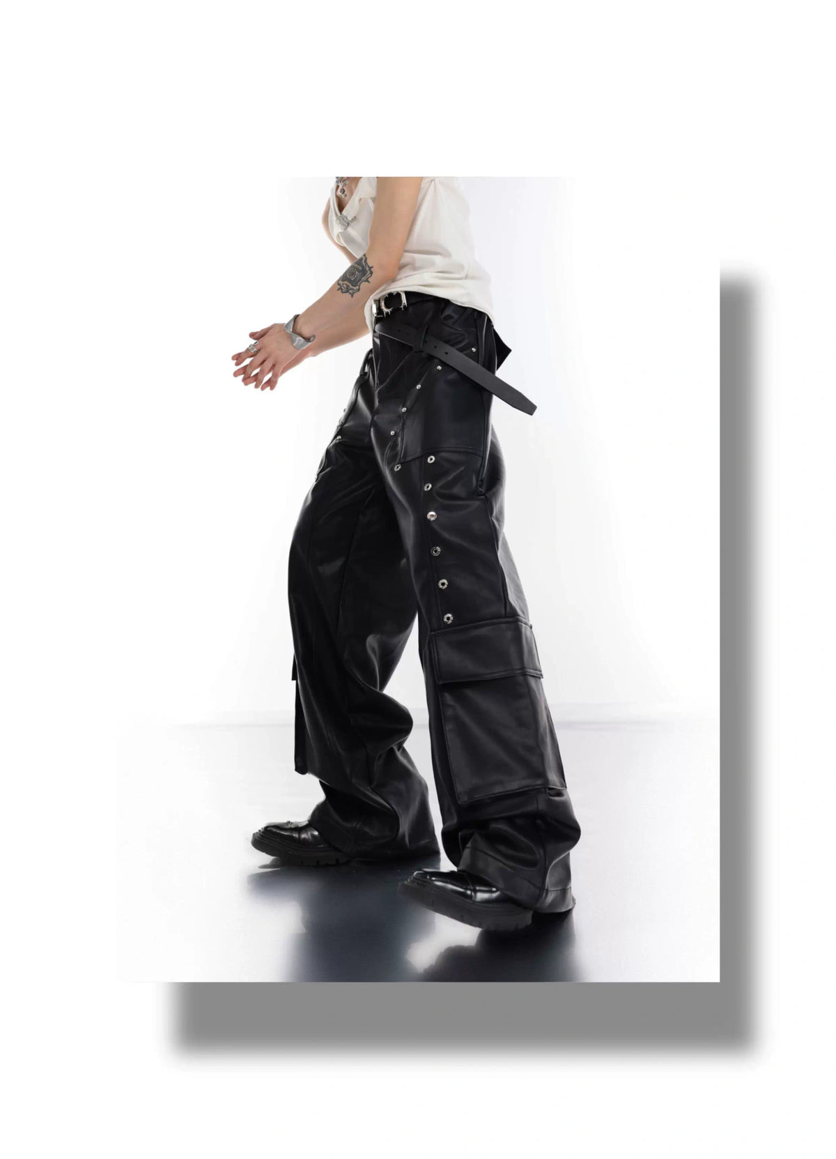 Metal-Trim Utility PU Pants | Black Streetwear Trousers - description image 9