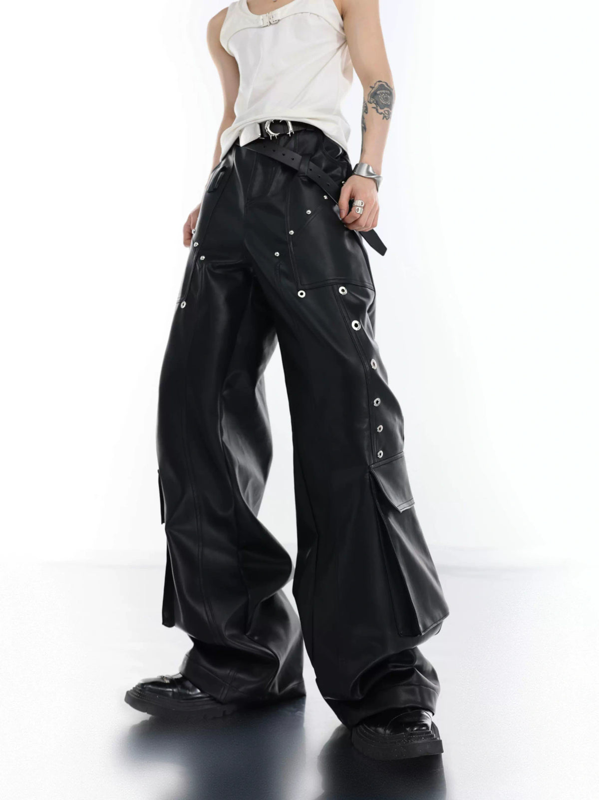 Metal-Trim Utility PU Pants | Black Streetwear Trousers - description image 10