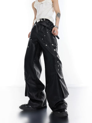 Metal-Trim Utility PU Pants | Black Streetwear Trousers - main image 2