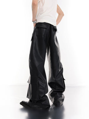 Metal-Trim Utility PU Pants | Black Streetwear Trousers - main image 3