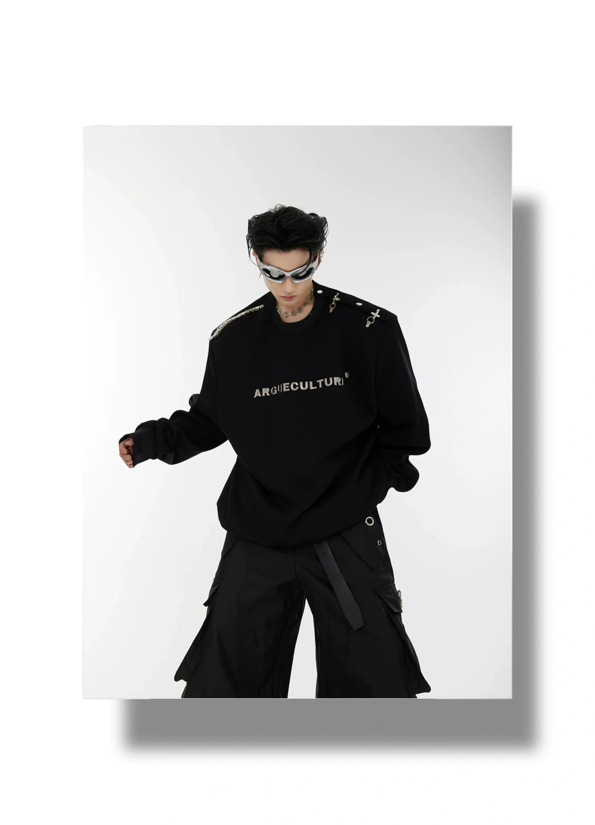 Asymmetric Metal-Buckle Long-Sleeve Top | Loose Fit - description image 7