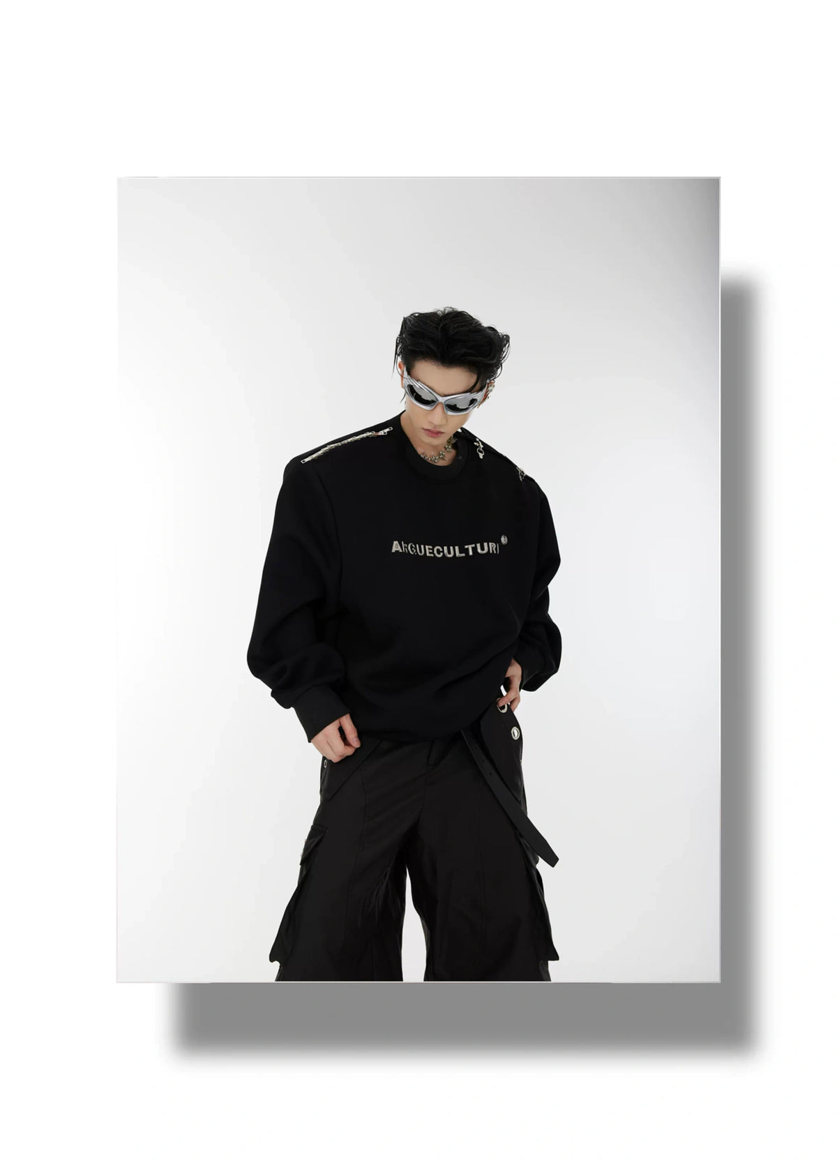Asymmetric Metal-Buckle Long-Sleeve Top | Loose Fit - description image 11