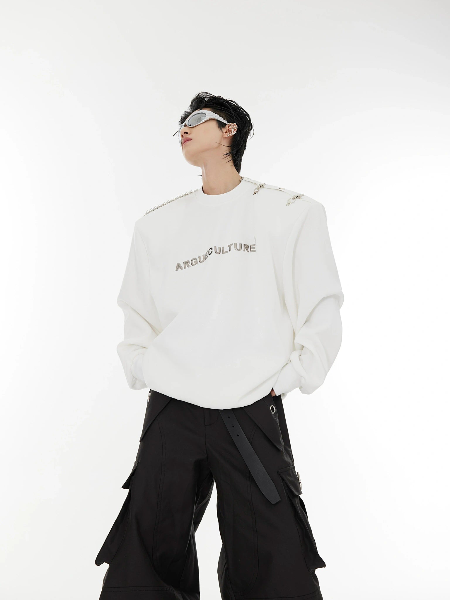 Asymmetric Metal-Buckle Long-Sleeve Top | Loose Fit - White