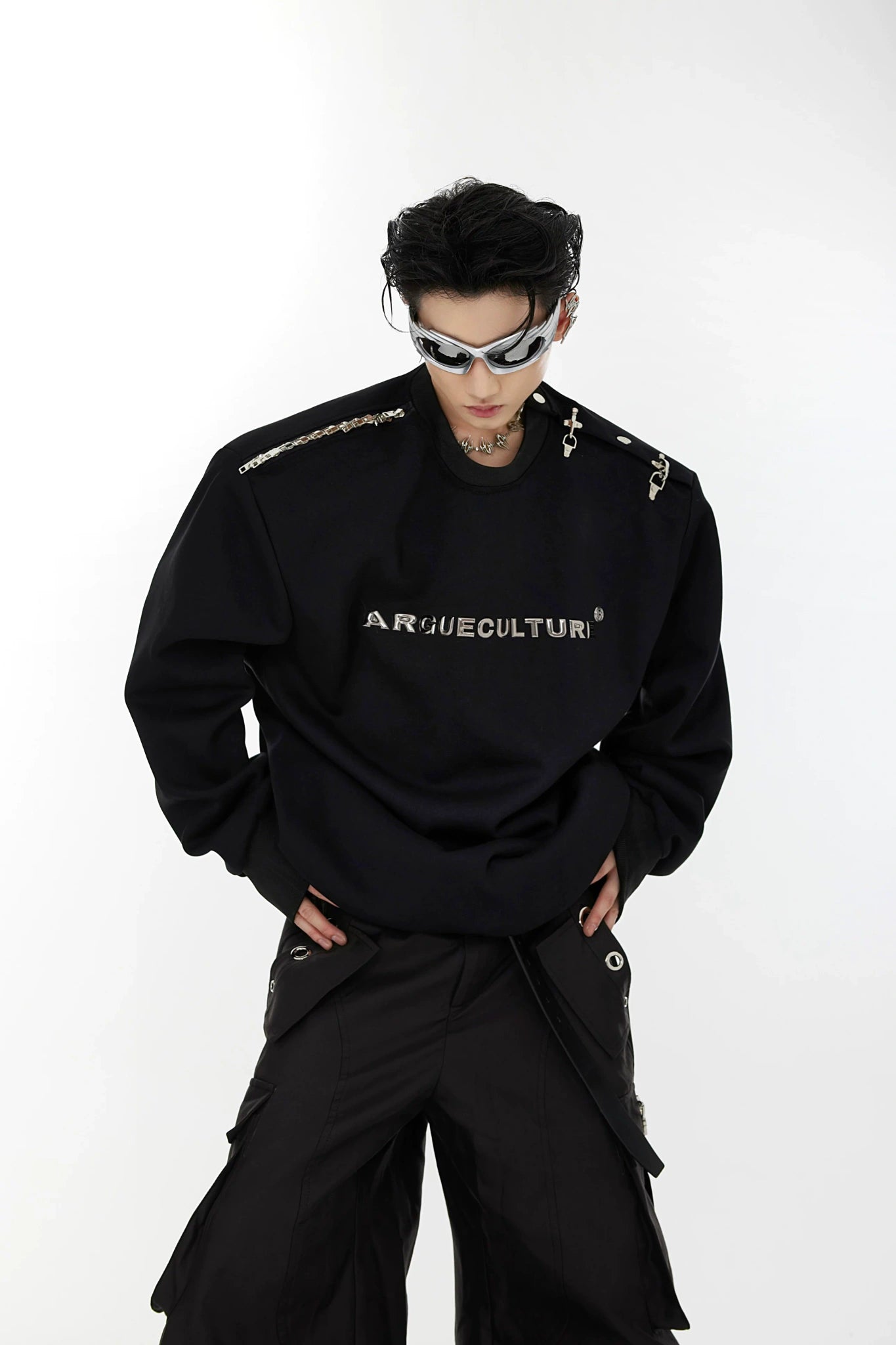 Asymmetric Metal-Buckle Long-Sleeve Top | Loose Fit - Black