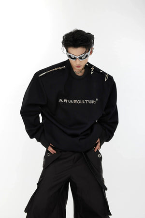 Asymmetric Metal-Buckle Long-Sleeve Top | Loose Fit - Black