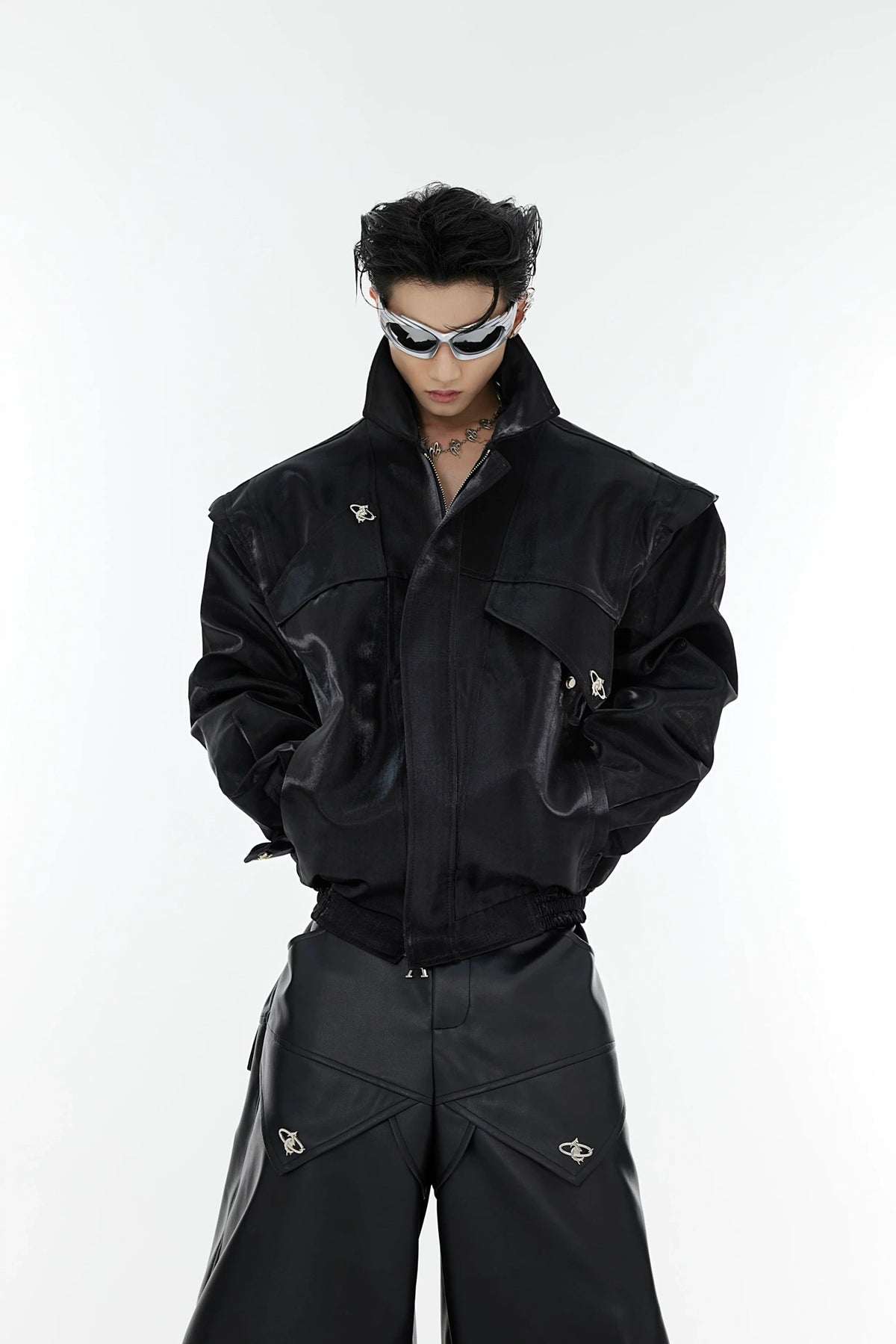 Asymmetrical Short Jacket with Metal Detail | Streetwear - Black