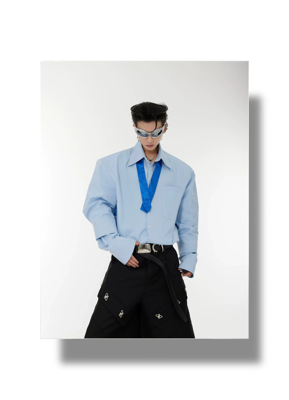 Relaxed Double-Cuff Shirt with Detachable Satin Tie - description image 1