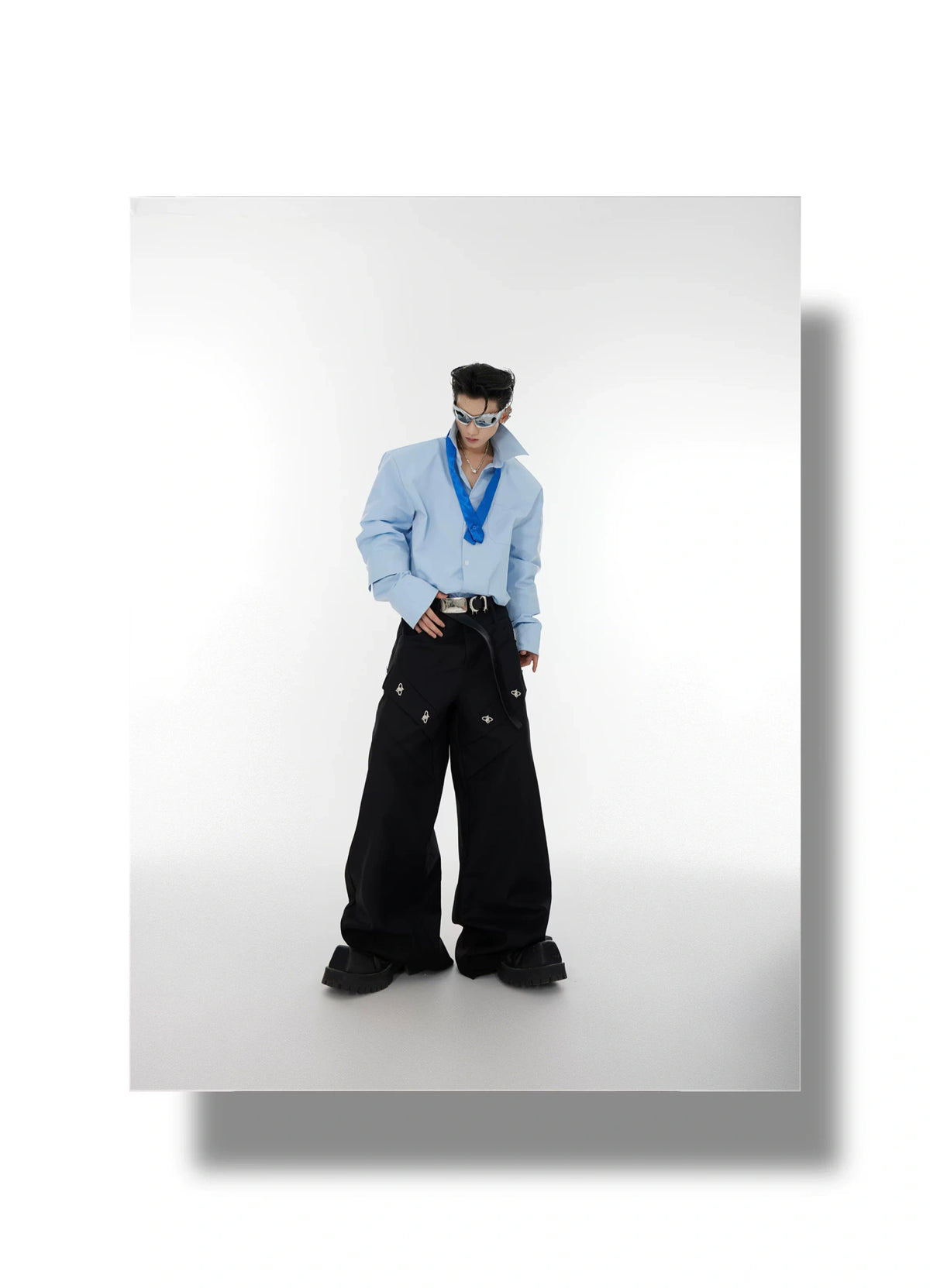 Relaxed Double-Cuff Shirt with Detachable Satin Tie - description image 2