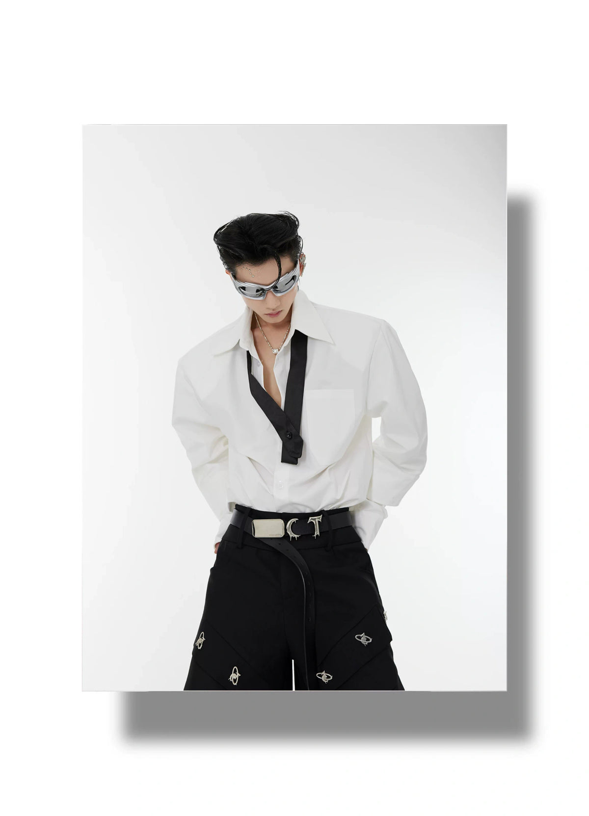Relaxed Double-Cuff Shirt with Detachable Satin Tie - description image 3