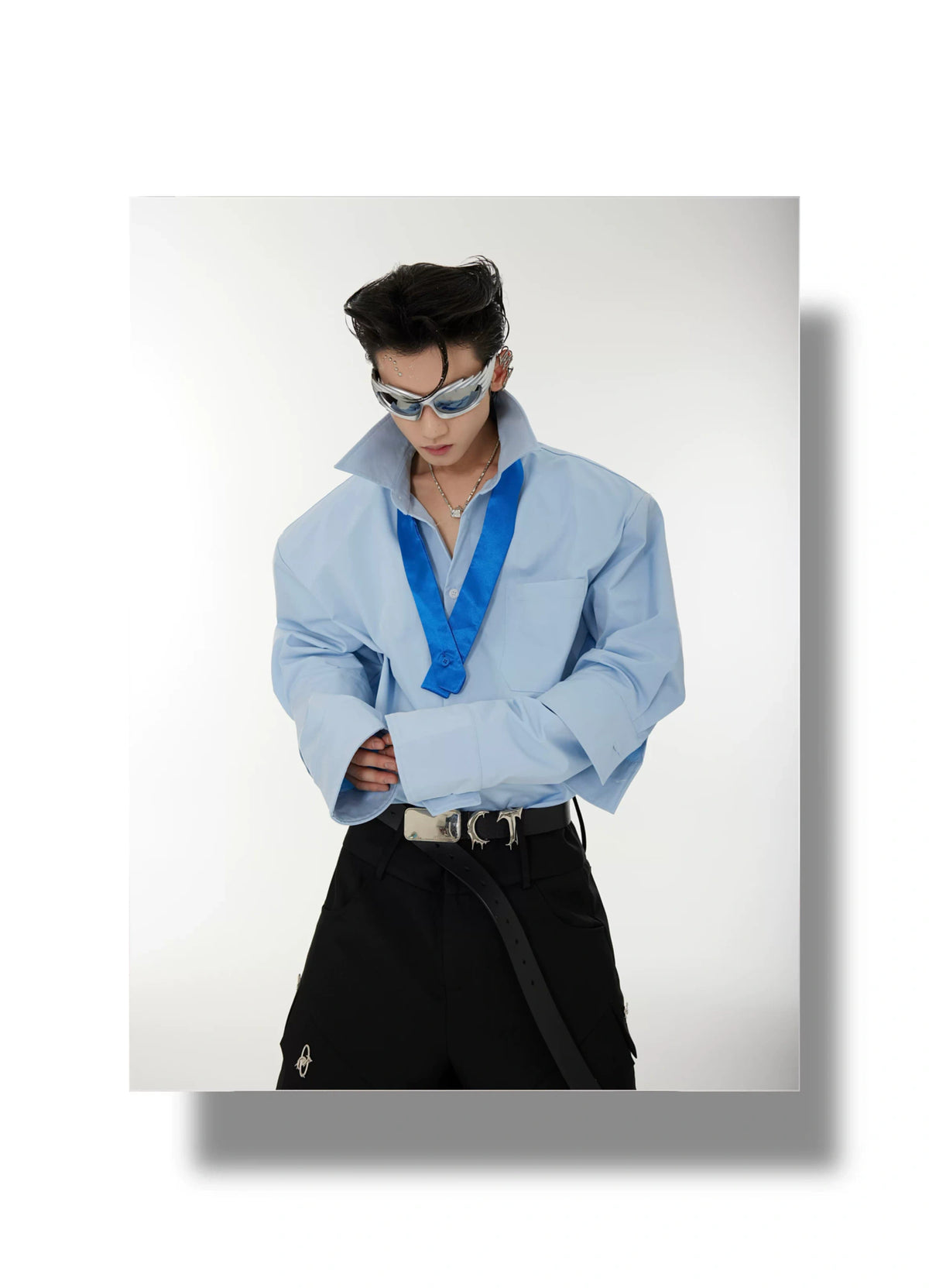 Relaxed Double-Cuff Shirt with Detachable Satin Tie - description image 5