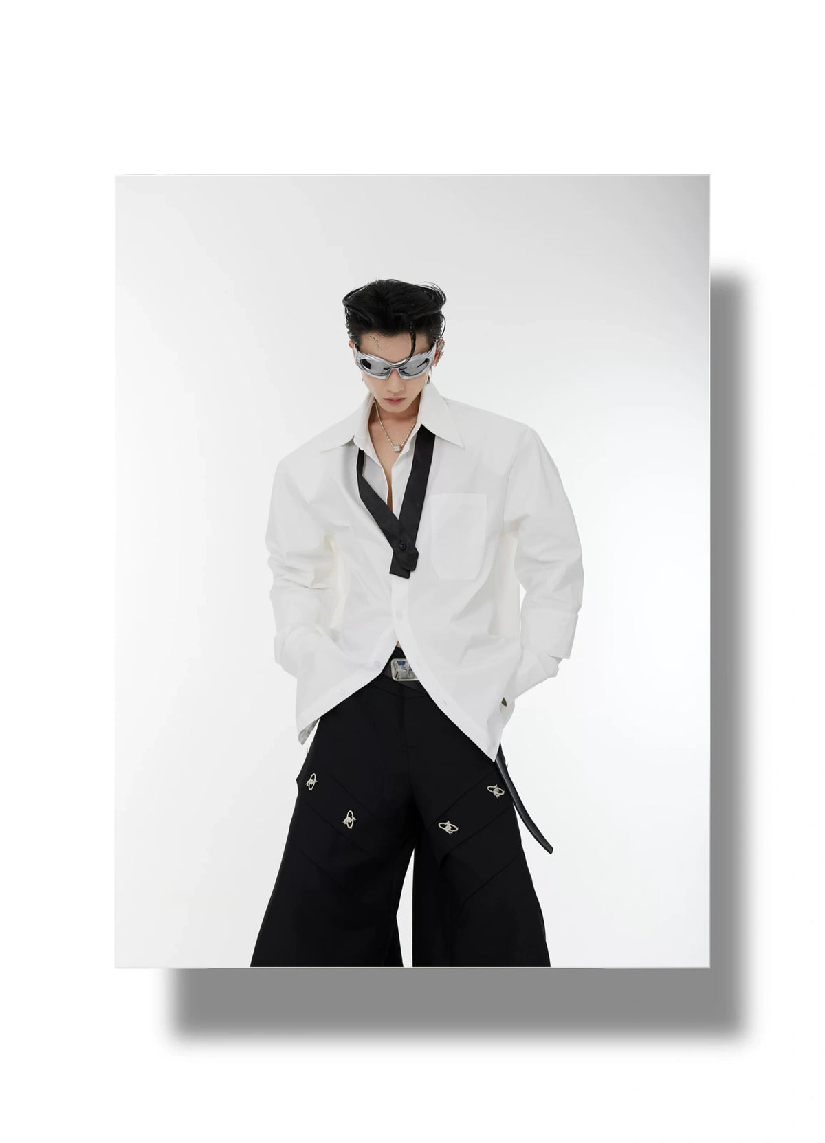 Relaxed Double-Cuff Shirt with Detachable Satin Tie - description image 7