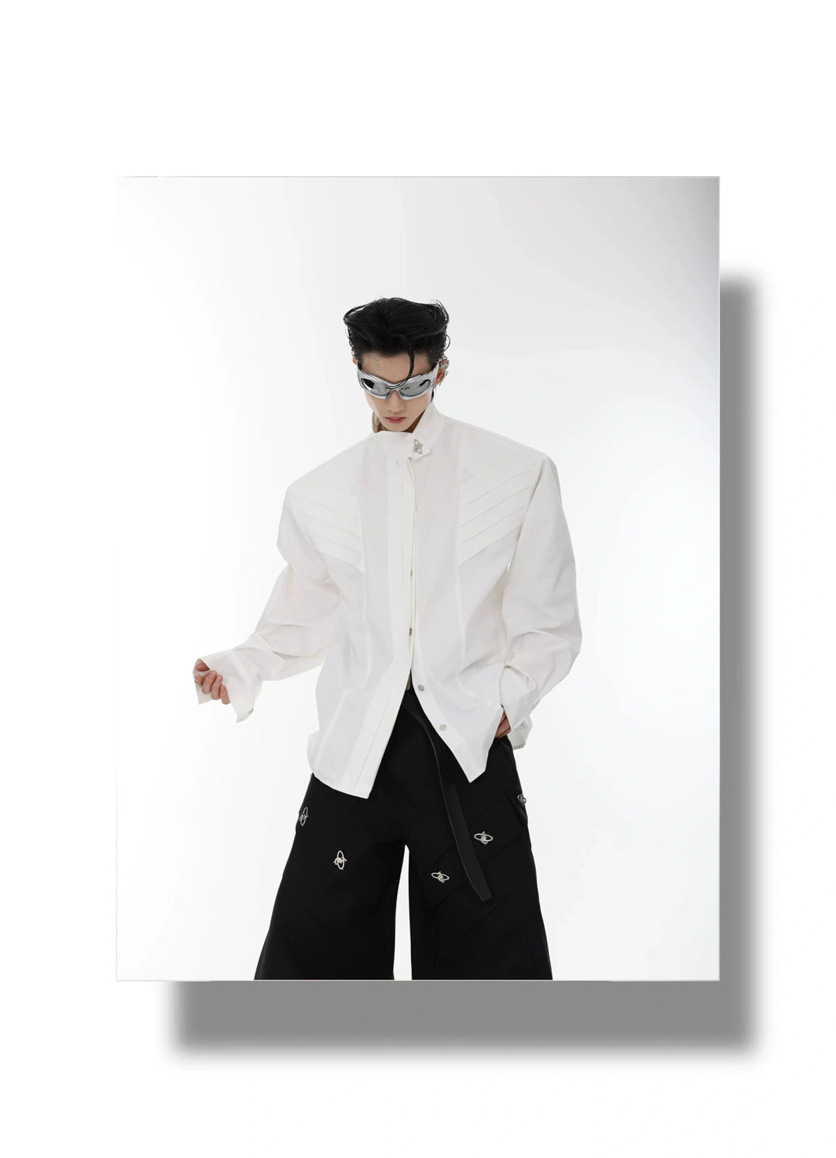 Pleated Stand-Collar Shirt in Black & White | Relaxed Fit - description image 1