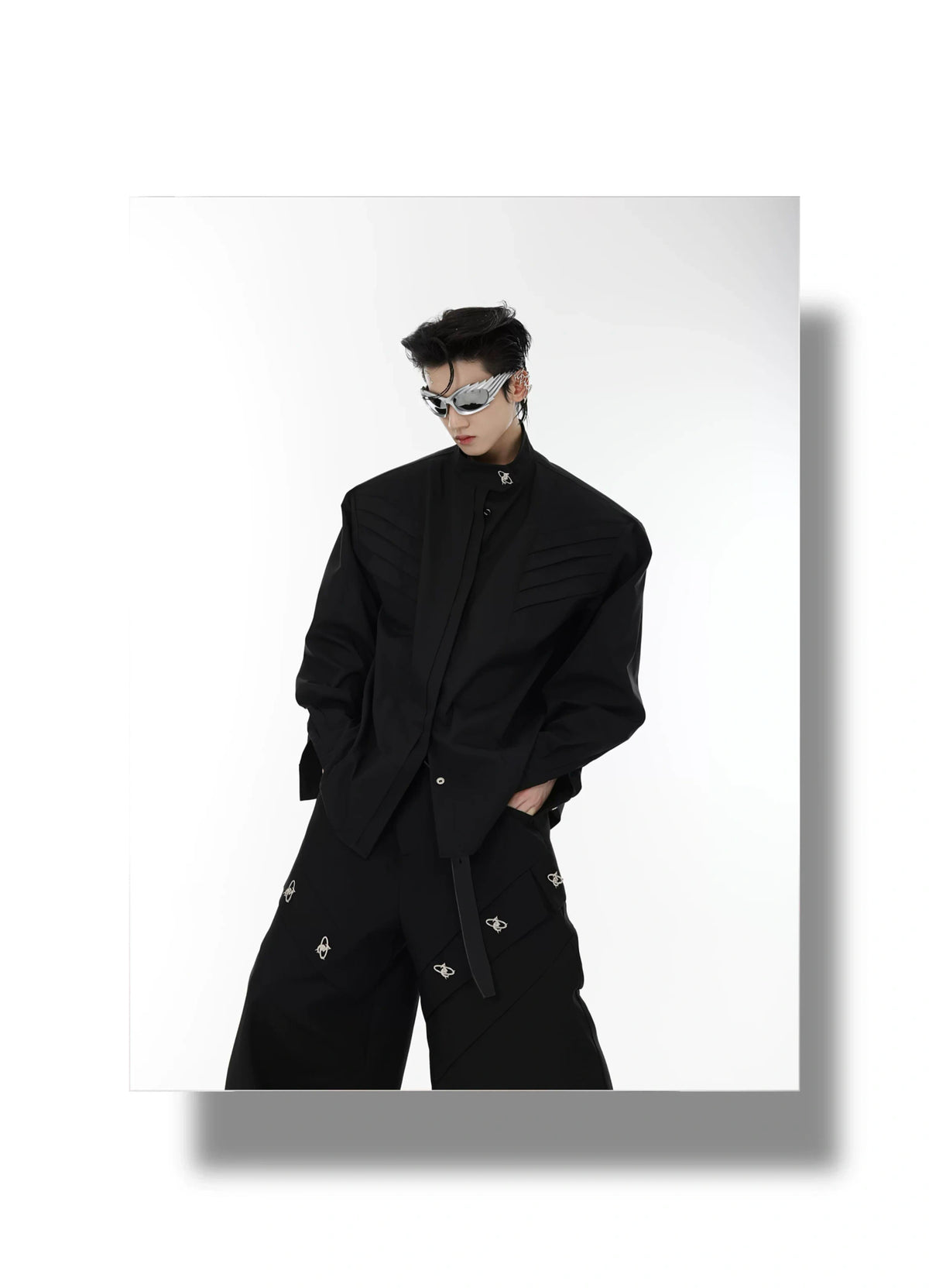 Pleated Stand-Collar Shirt in Black & White | Relaxed Fit - description image 3
