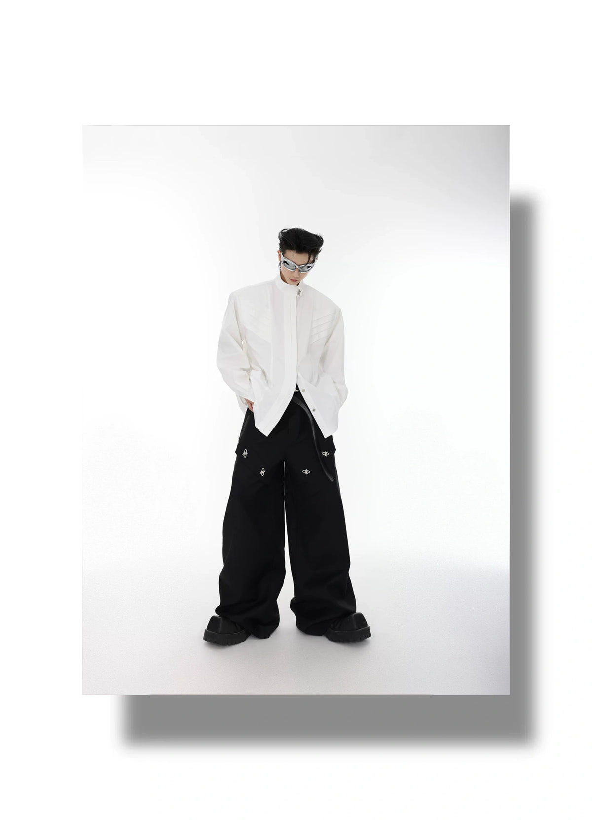 Pleated Stand-Collar Shirt in Black & White | Relaxed Fit - description image 5