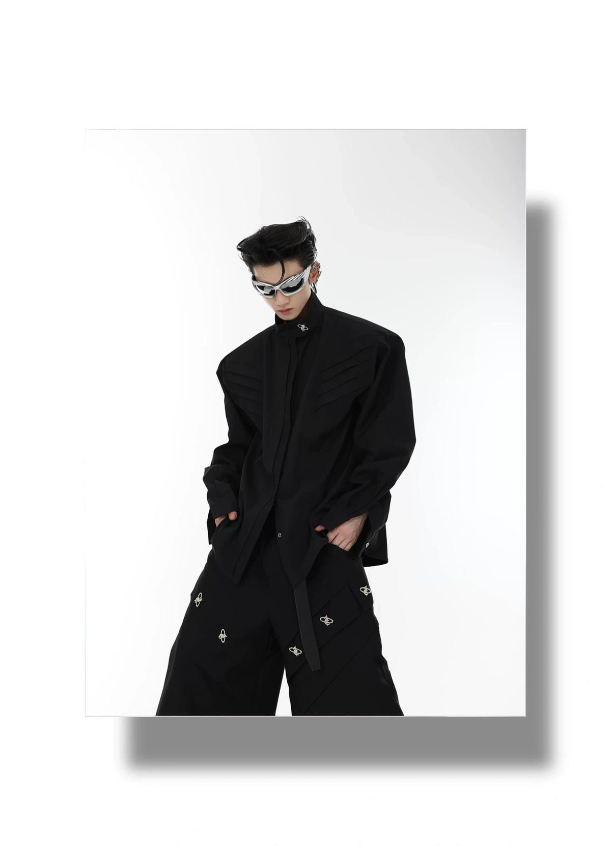 Pleated Stand-Collar Shirt in Black & White | Relaxed Fit - description image 6