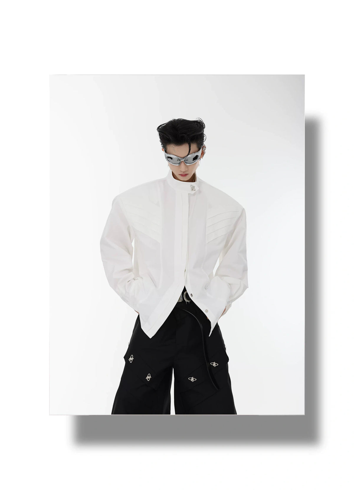 Pleated Stand-Collar Shirt in Black & White | Relaxed Fit - description image 7