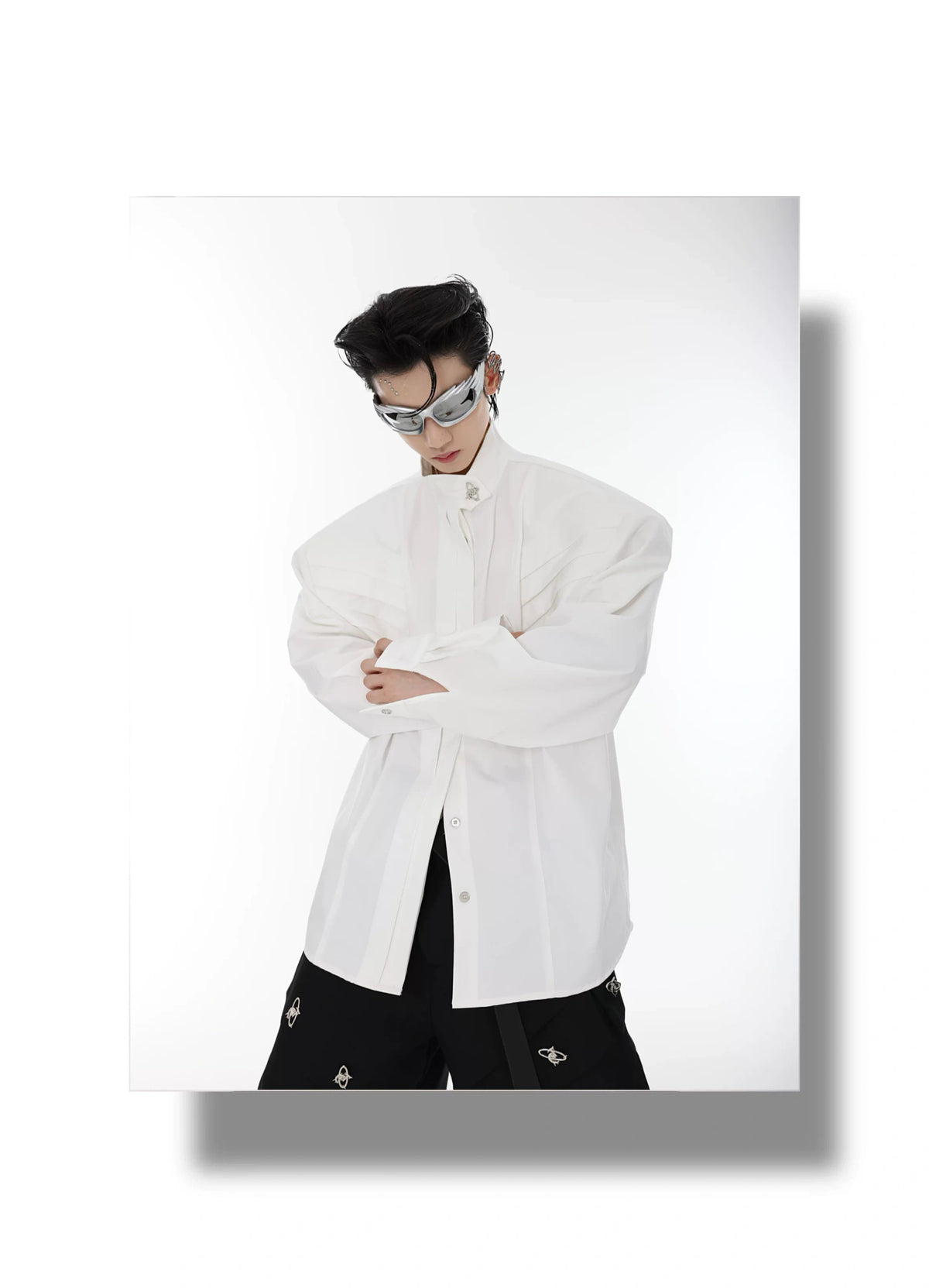 Pleated Stand-Collar Shirt in Black & White | Relaxed Fit - description image 8