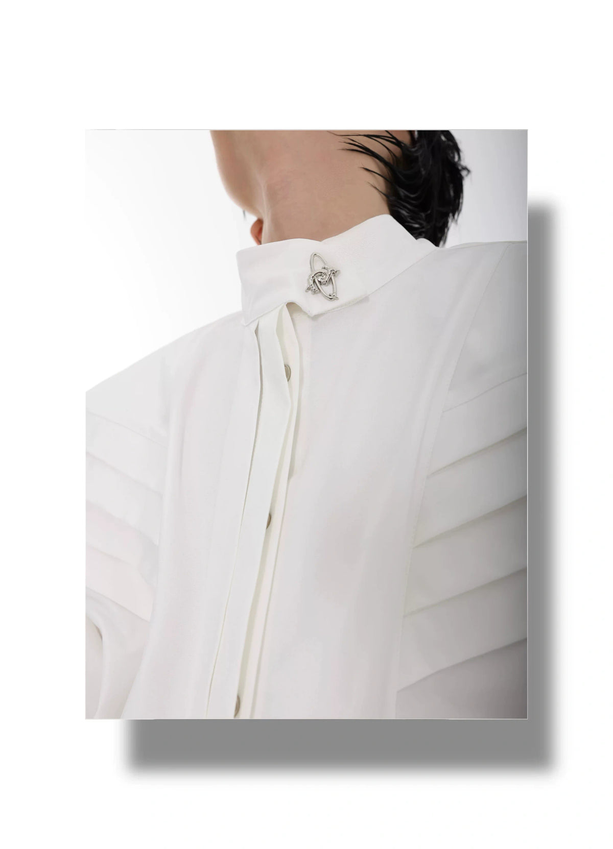 Pleated Stand-Collar Shirt in Black & White | Relaxed Fit - description image 9