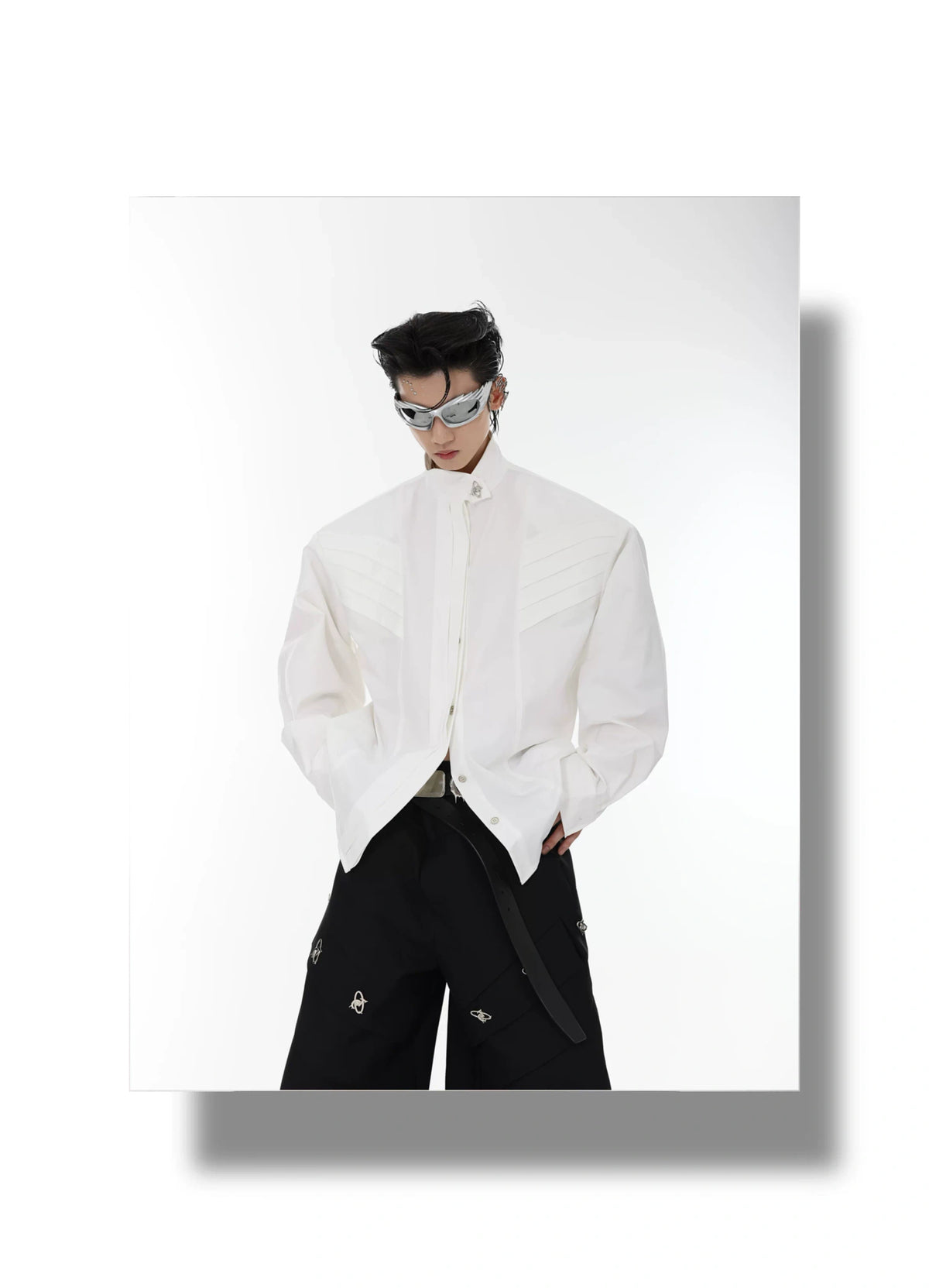 Pleated Stand-Collar Shirt in Black & White | Relaxed Fit - description image 10