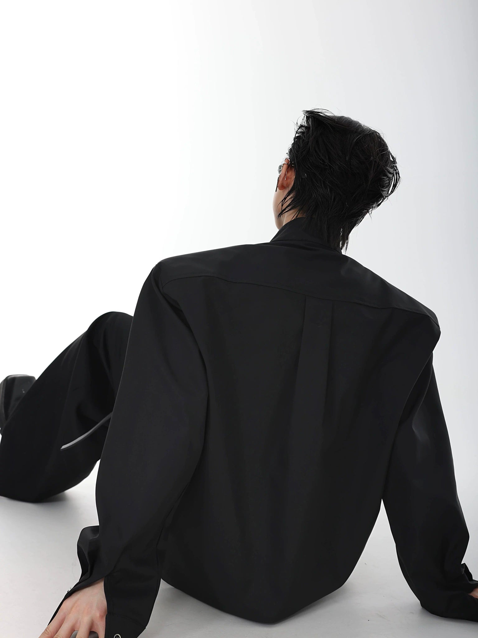 Pleated Stand-Collar Shirt in Black & White | Relaxed Fit - main image 3