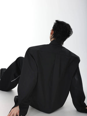 Pleated Stand-Collar Shirt in Black & White | Relaxed Fit - main image 3