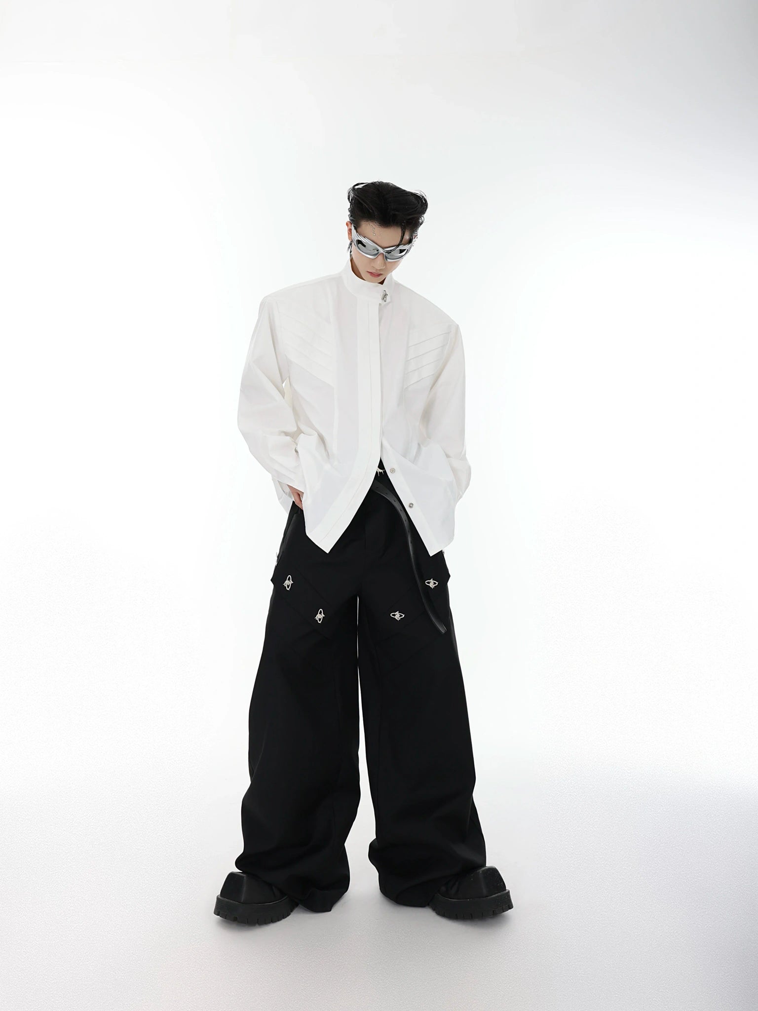 Pleated Stand-Collar Shirt in Black & White | Relaxed Fit - main image 4