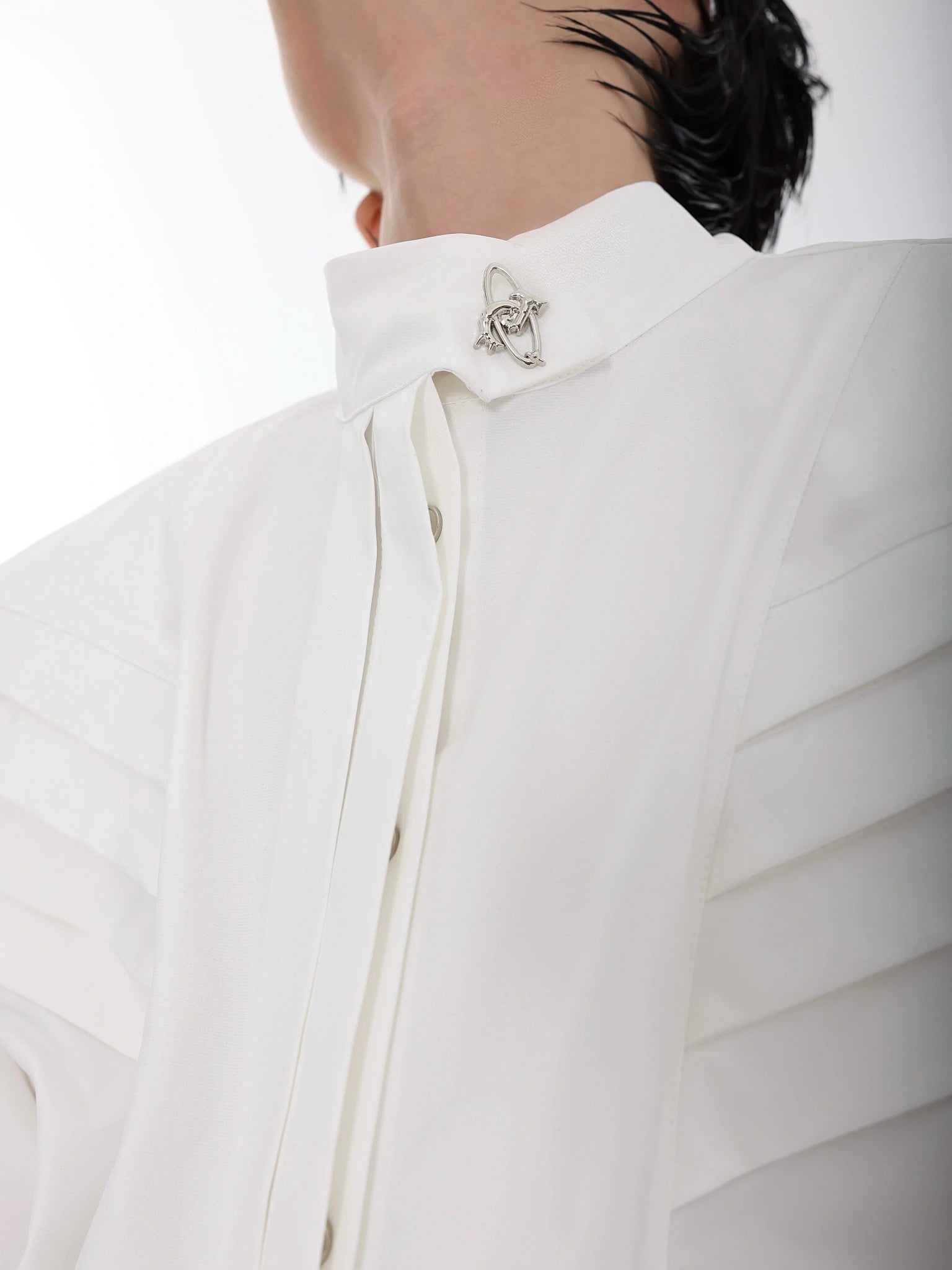 Pleated Stand-Collar Shirt in Black & White | Relaxed Fit - main image 5