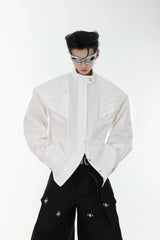 Pleated Stand-Collar Shirt in Black & White | Relaxed Fit - White