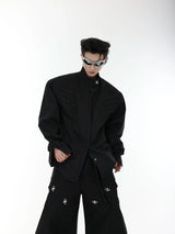 Pleated Stand-Collar Shirt in Black & White | Relaxed Fit - Black
