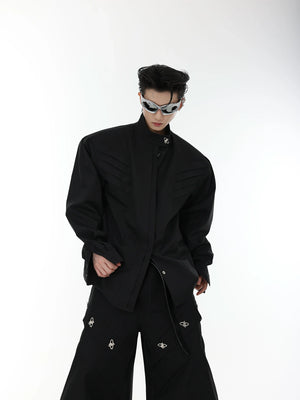 Pleated Stand-Collar Shirt in Black & White | Relaxed Fit - Black