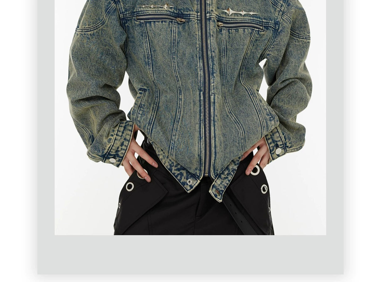 Washed Cropped Denim Jacket with Metal Details | Black & Blue - description image 1