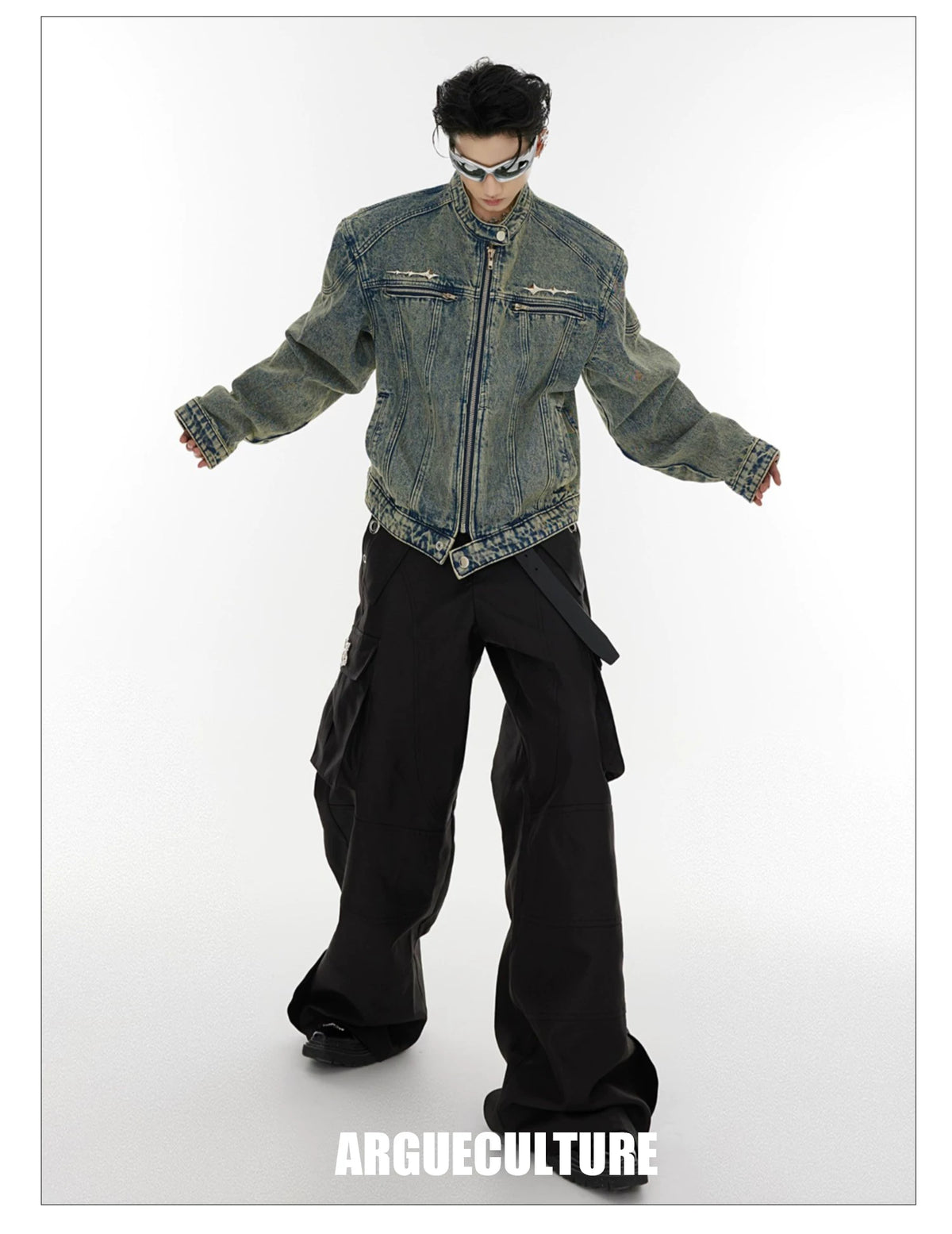 Washed Cropped Denim Jacket with Metal Details | Black & Blue - description image 3