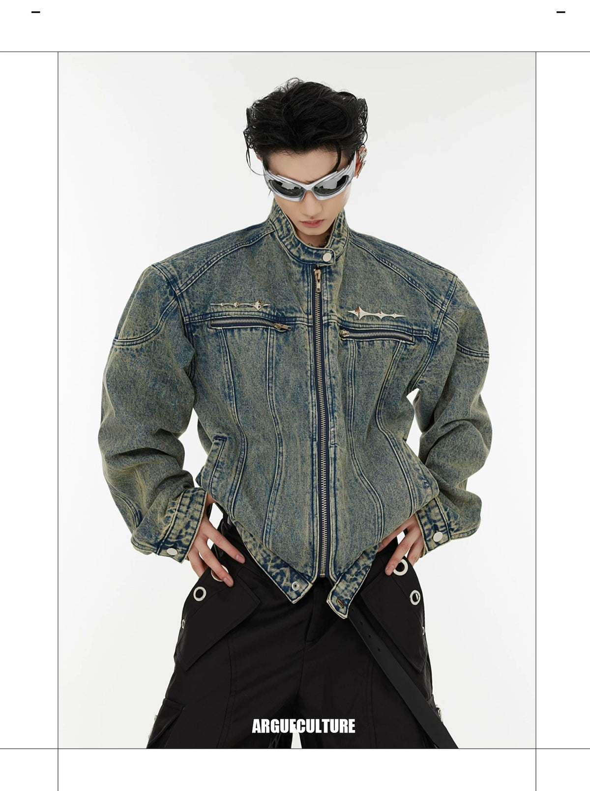 Washed Cropped Denim Jacket with Metal Details | Black & Blue - description image 4