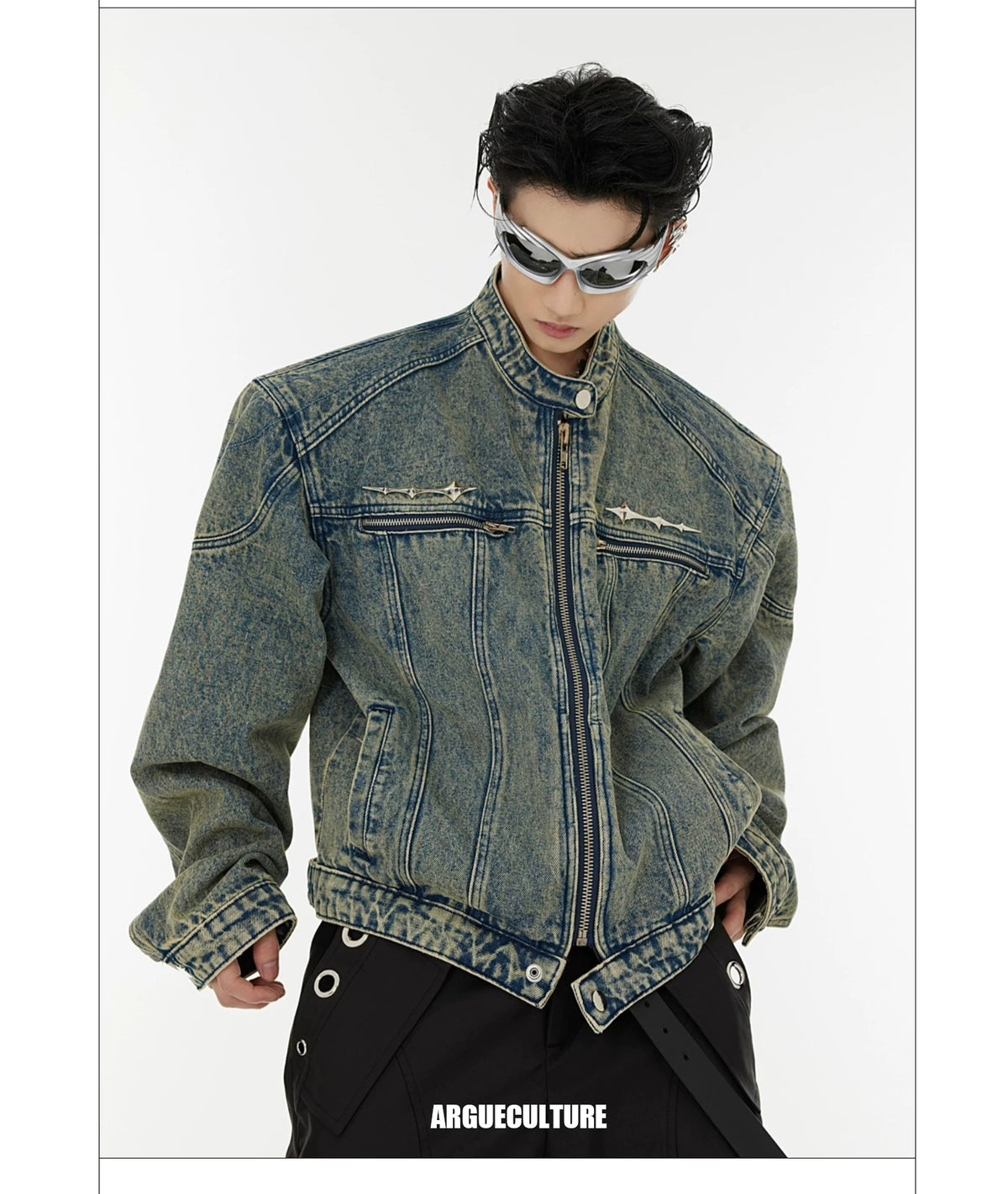 Washed Cropped Denim Jacket with Metal Details | Black & Blue - description image 5