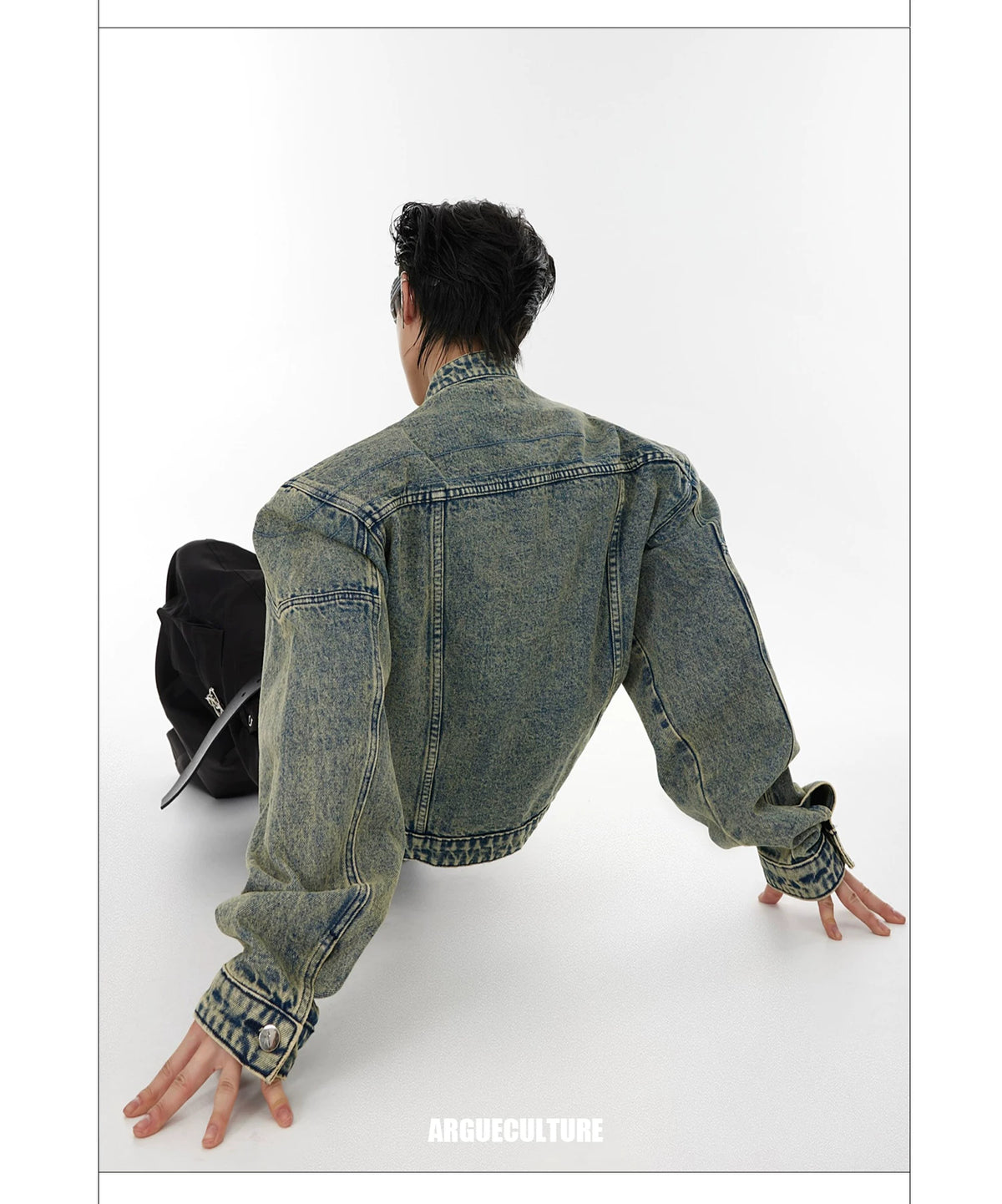 Washed Cropped Denim Jacket with Metal Details | Black & Blue - description image 6