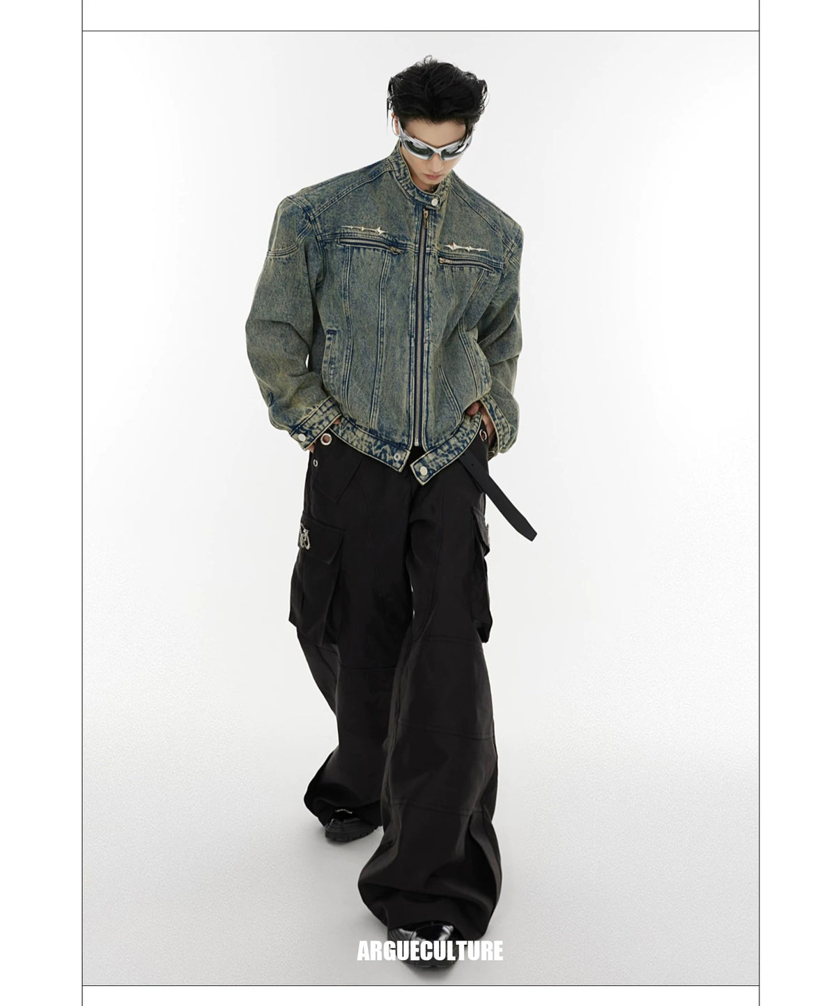 Washed Cropped Denim Jacket with Metal Details | Black & Blue - description image 8