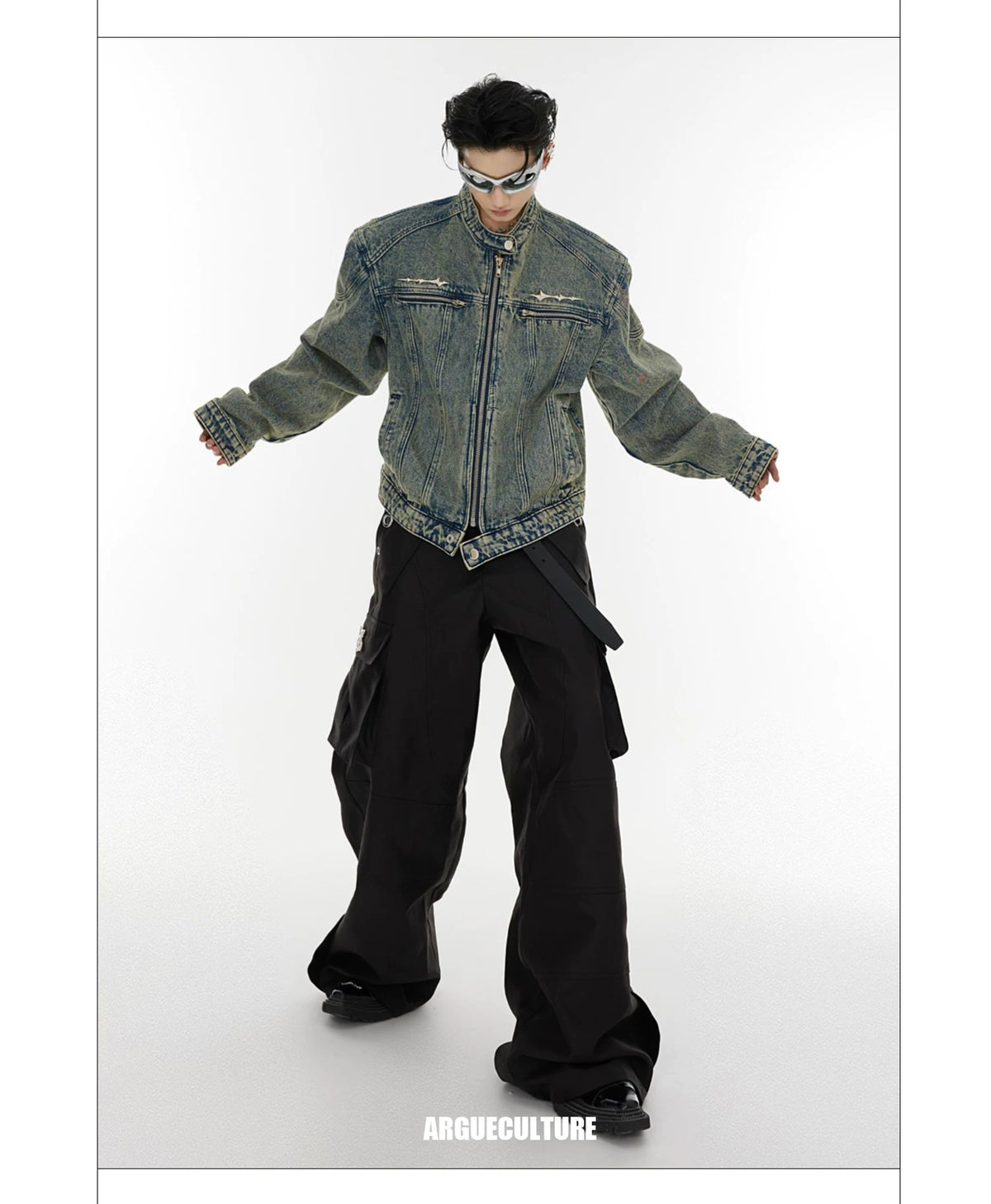Washed Cropped Denim Jacket with Metal Details | Black & Blue - description image 9